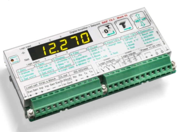 Indicador rápido y preciso para pesaje estático y dinámico. Pantalla LED de 5 dígitos, interfaz serial, montaje en riel DIN.