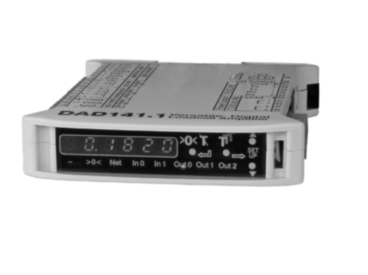 Dispositivo electrónico avanzado y económico para pesaje y llenado con interfaces esenciales como salida analógica y Ethernet. Ideal para montaje en riel DIN de 35 mm.